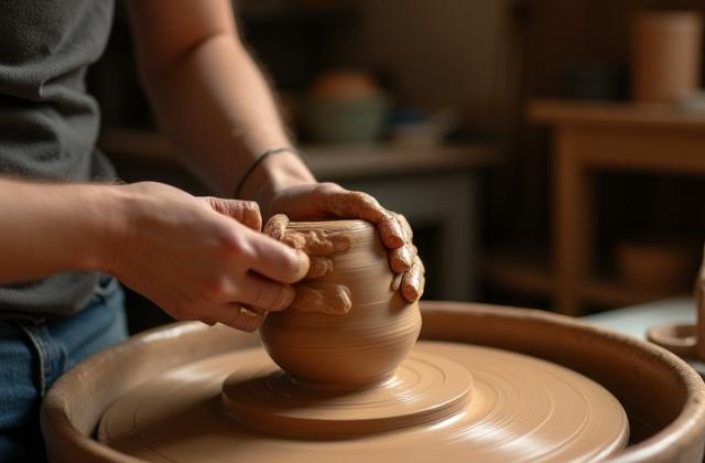 Eine Person formt Ton auf einer Töpferscheibe, Kreativität und Konzentration.