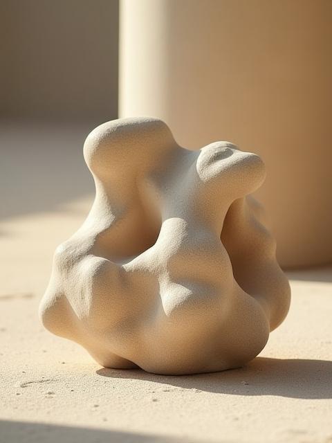 Organisch geformte Keramikskulptur in neutralen, sandigen Farben