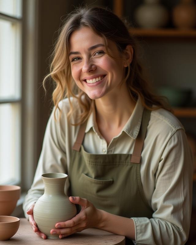 Portrait der Künstlerin/Gründerin von Dämmerware, lächelnd in ihrer Töpferei.