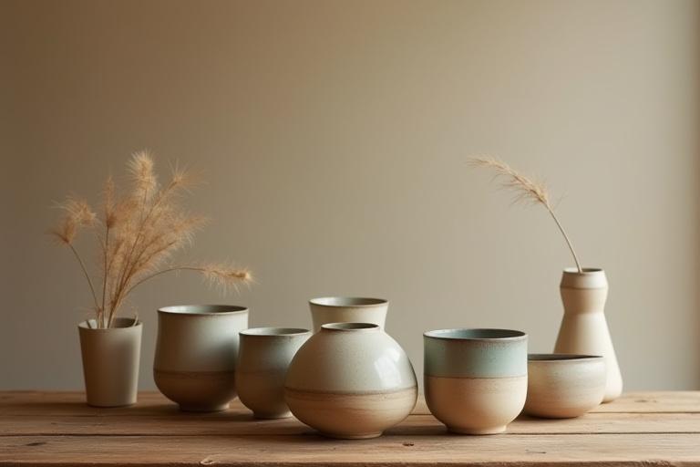Fertige Keramikprodukte, elegant präsentiert auf einem Holztisch