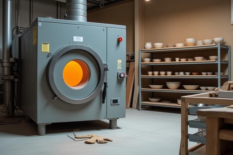 Blick auf den Brennofenbereich in der Töpferei von Dämmerware